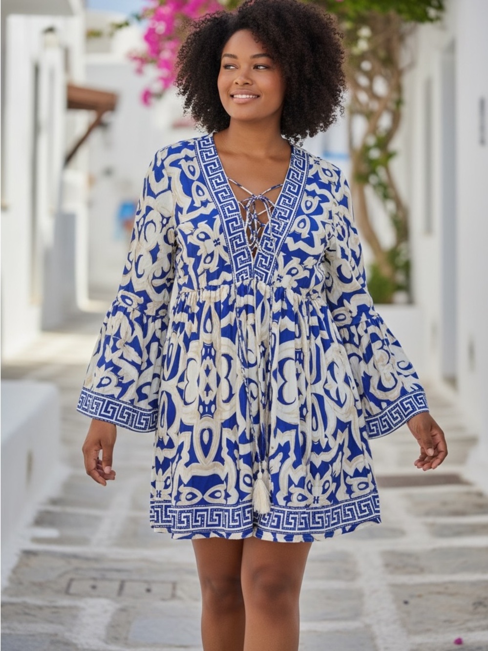 Caribbean Vibes Blue & Cream Printed V-Neck Tie-Front Mini Dress